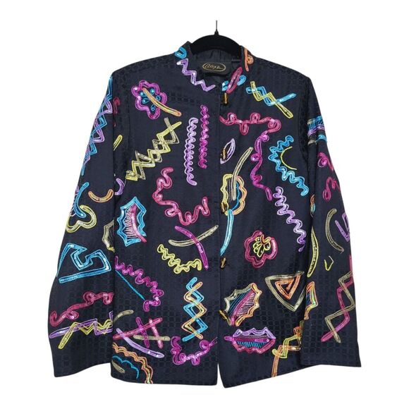 Black Jacket Bright Floral Accents Glass Buttons M Sequined Embroidered Alex Kim - Picture 1 of 11